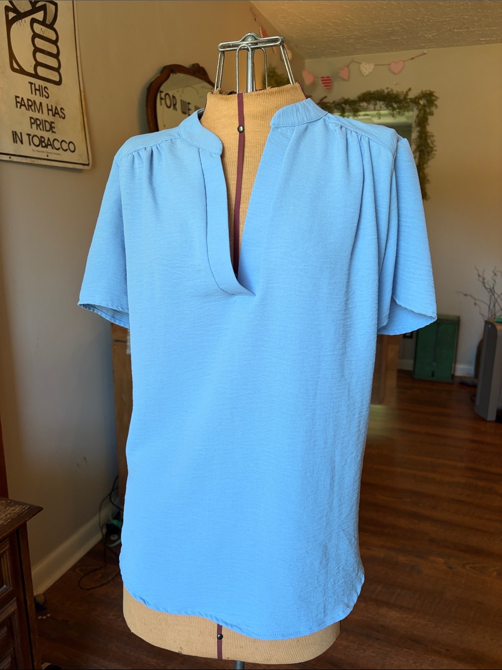 Ecote Light Blue Short Sleeve Split Neck Blouse